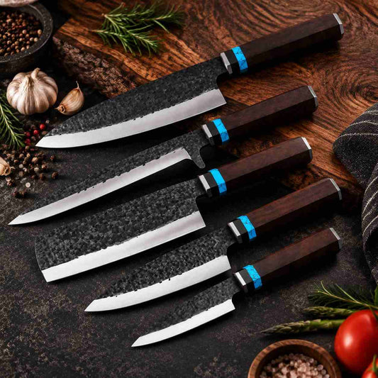 5 Piece Hammer Forged Kitchen Knife Set With Rosewood Handle