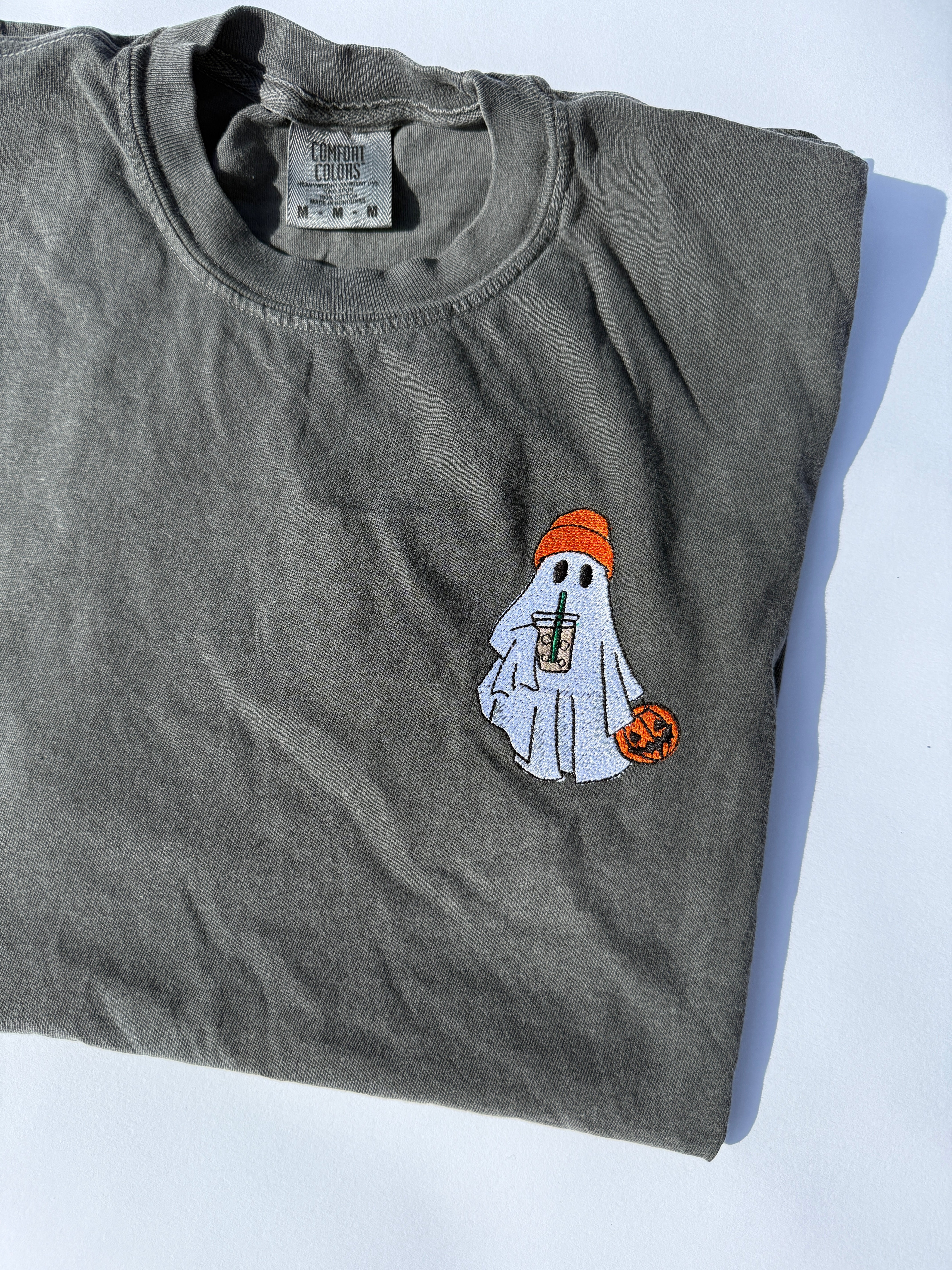 Adult Embroidered Iced Coffee Ghost Comfort Colors Tee - more colors