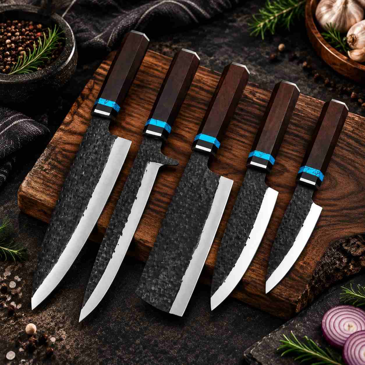 5 Piece Hammer Forged Kitchen Knife Set With Rosewood Handle